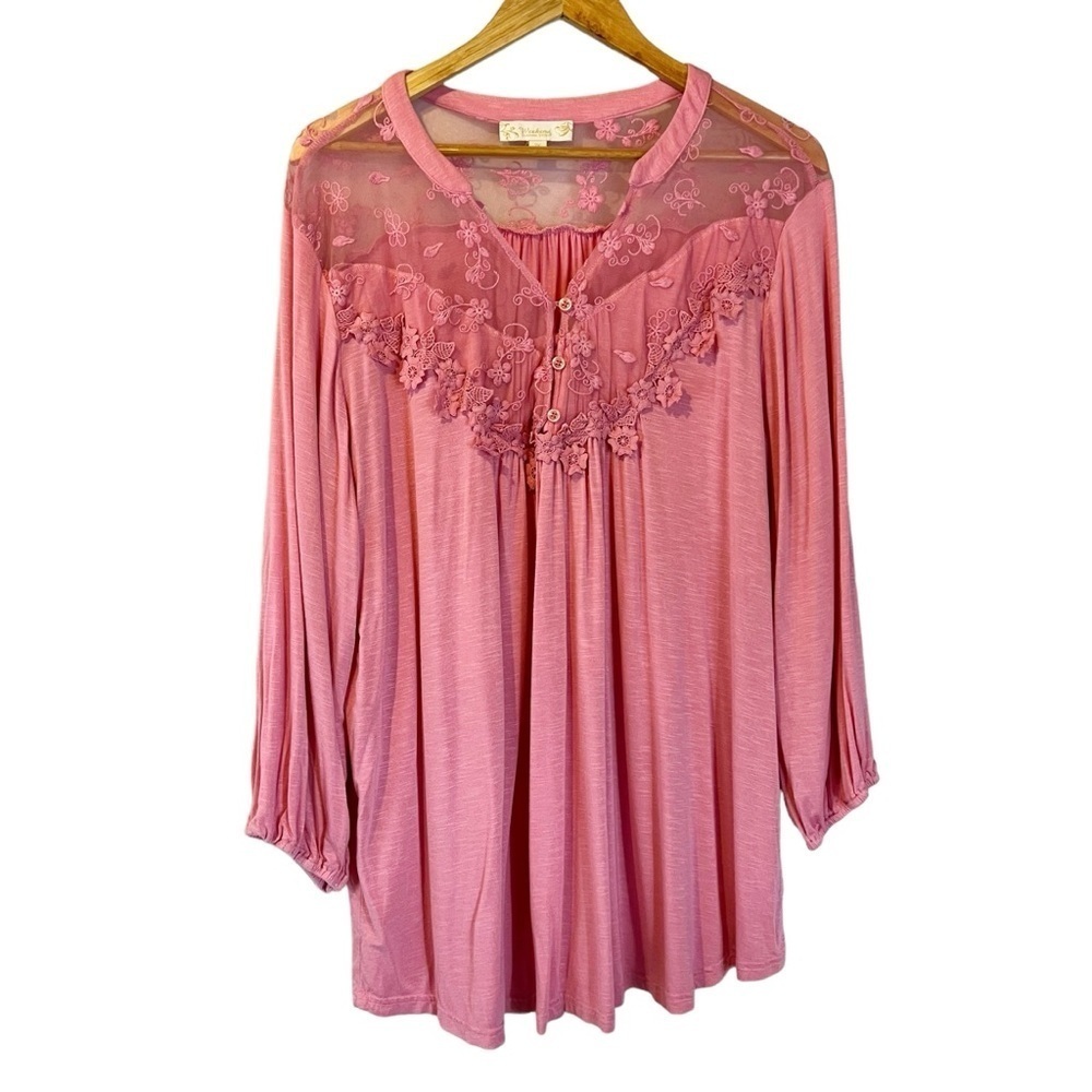 Suzanne Betro Pink Lace Yoke Peasant Blouse